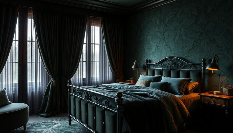 dark green bedroom ideas with integrating textures for warmth